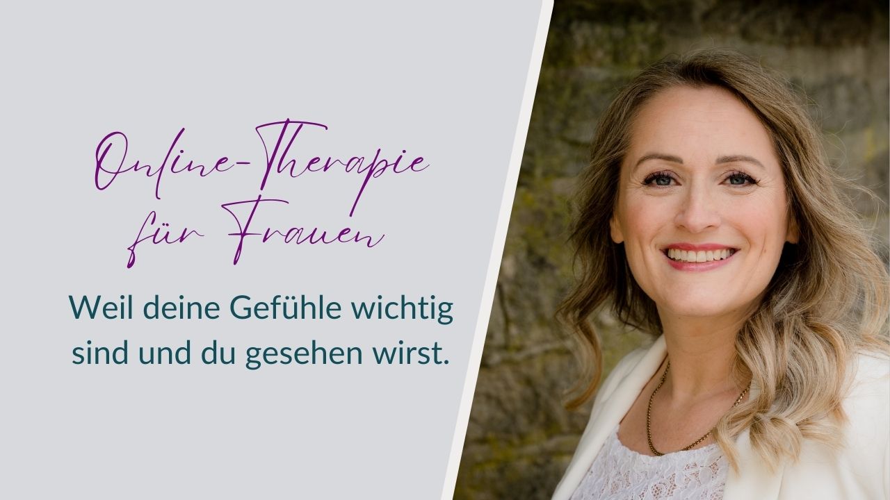 Header Bild der Seite Online-Therapie für Frauen. Ein Foto von Sabrina Hinzmann mit dem Text "Weil deine Gefühle wichtig sind und du gesehen wirst."